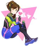  1girl bodysuit brown_eyes brown_hair commentary crossed_legs d.va_(overwatch) english_commentary from_side full_body gloves grey_gloves hair_over_shoulder halphelt hand_up highres holding long_hair looking_at_viewer looking_to_the_side multicolored multicolored_bodysuit multicolored_clothes overwatch parted_lips smile solo whisker_markings 