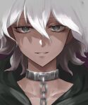  1boy bangs chain close-up collar collarbone commentary_request dangan_ronpa_(series) dangan_ronpa_2:_goodbye_despair face gradient_hair grey_eyes grey_hair hair_between_eyes komaeda_nagito looking_at_viewer male_focus metal_collar multicolored_hair parted_lips porary short_hair smile solo teeth white_hair 