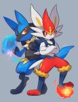  1boy 1girl :&lt; animal_ears artist_name aura bunny_tail cinderace closed_mouth crossed_arms eye_contact fire fireball full_body furry gen_4_pokemon gen_8_pokemon grey_background hands_up happy highres jpeg_artifacts legs_apart looking_at_another looking_to_the_side lucario nullma pawpads paws pokemon pokemon_(creature) rabbit_ears rabbit_girl red_eyes redhead short_hair signature simple_background smile spikes standing tail wolf_boy wolf_ears wolf_tail 
