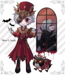 2boys animal bat belt black_footwear blood book character_name closed_mouth crown dog gloves glowing glowing_eyes grey_hair hat holding holding_book identity_v joseph_desaulniers long_hair male_focus mask multiple_boys official_alternate_costume orange_eyes parted_lips red_eyes red_headwear smile standing stitched_mouth stitches tendenbarabara vampire victor_grantz white_gloves 