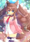  1girl animal_ear_fluff animal_ears bangs black_bow blue_eyes blurry blurry_background blush bow breasts brown_hair cardigan closed_mouth collarbone depth_of_field eyebrows_visible_through_hair fox_ears fox_girl fox_tail hair_between_eyes hand_up hood hood_down hooded_cardigan kouu_hiyoyo kyuubi long_hair long_sleeves medium_breasts multiple_tails necktie open_cardigan open_clothes original pink_cardigan plushmallow red_neckwear shirt sleeves_past_wrists smile solo striped striped_legwear tail thigh-highs twintails very_long_hair white_shirt 