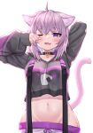  1girl ;d ahoge animal_ear_fluff animal_ears arms_up black_sweater blush breasts cat_ears cat_girl cat_tail collar cowboy_shot deaver fang food_print highres hololive long_sleeves looking_at_viewer medium_breasts midriff navel nekomata_okayu one_eye_closed open_mouth pink_hair print_sweater short_hair simple_background skin_fang sleeves_past_wrists smile solo stomach sweater tail tears violet_eyes virtual_youtuber white_background wiping_tears 