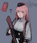 ? bangs beret black_gloves black_headwear breasts collar collared_shirt commentary_request ear_piercing earrings eyebrows_visible_through_hair first_aid_kit girls_frontline gloves green_eyes grey_background gun hammer_and_sickle hat highres holding holding_gun holding_weapon jewelry long_hair looking_at_viewer open_mouth piercing pink_hair rampart1028 rifle russian_text shirt sidelocks simonov_(girls_frontline) simple_background sks smile star_(symbol) translated weapon white_shirt 