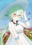  1girl absurdres animal_ears ashimetrica blush breasts cat_ears clouds day dress flower genshin_impact glasses green_hair hand_on_headwear hat highres long_hair long_sleeves looking_at_viewer multicolored_hair outdoors ponytail semi-rimless_eyewear sky smile solo sucrose_(genshin_impact) sun_hat sundress vision_(genshin_impact) white_dress 