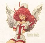  1girl angel_wings bare_shoulders belt blush breasts character_name closed_eyes collarbone duel_monster english_text gloves graphite_(medium) hair_between_eyes hands_up hat heart injection_fairy_lily long_hair nurse nurse_cap open_mouth pink_hair shorts smile solo symbol_commentary toniomi traditional_media white_background wings yu-gi-oh! 