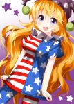  1girl american_flag american_flag_legwear american_flag_shirt bangs blonde_hair clownpiece cowboy_shot eyebrows_visible_through_hair fairy_wings gradient gradient_background hair_between_eyes hat highres holding holding_clothes holding_shirt jester_cap long_hair looking_at_viewer neck_ruff open_mouth polka_dot_headwear purple_background purple_headwear ruu_(tksymkw) shirt simple_background solo standing star_(symbol) star_print striped striped_legwear striped_shirt teeth touhou violet_eyes wings 