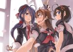  3girls ahoge ariake_(kantai_collection) bangs black_hair black_jacket black_serafuku blue_eyes braid brown_eyes brown_hair collared_shirt from_below hair_flaps hair_ornament hair_over_one_eye hair_over_shoulder hairband jacket kantai_collection long_hair long_sleeves low_ponytail multiple_girls necktie open_mouth red_hairband red_neckwear remodel_(kantai_collection) school_uniform serafuku shigure_(kantai_collection) shiratsuyu_(kantai_collection) shirt single_braid sugue_tettou upper_body violet_eyes whistle white_shirt window 