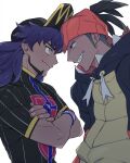  2boys baseball_cap black_hair black_hoodie champion_uniform clenched_teeth closed_mouth crossed_arms dark_skin dark_skinned_male dynamax_band earrings eye_contact face-to-face facial_hair fingernails gym_leader hat highres hood hoodie htkym_1003 jewelry leon_(pokemon) long_hair looking_at_another male_focus multiple_boys orange_headwear pokemon pokemon_(game) pokemon_swsh purple_hair raihan_(pokemon) shirt short_sleeves smile symbol_commentary teeth yellow_eyes 