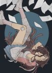  1girl absurdres apron asymmetrical_legwear bandaged_leg bandages bare_arms black_background blue_background blue_skirt circle closed_eyes commentary_request covering_ears crying dangan_ronpa_(series) dangan_ronpa_2:_goodbye_despair falling full_body highres long_hair open_mouth paper pink_shirt pleated_skirt profile purple_hair shindyushiyou shirt short_sleeves simple_background skirt socks solo tears translation_request tsumiki_mikan white_footwear white_legwear 