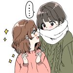  ... 2girls black_hair blush blush_stickers brown_hair covered_mouth height_difference highres kaizen medium_hair multiple_girls original scarf scarf_over_mouth sketch sparkle sweatdrop sweater 