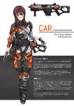  1girl bangs blue_eyes breasts brown_hair c.a.r._smg eyebrows_behind_hair gloves grey_gloves gun highres holding holding_gun holding_weapon kotone_a long_hair looking_at_viewer medium_breasts military personification science_fiction smile submachine_gun titanfall_(series) titanfall_2 walking weapon 