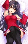  1girl :d alternate_costume armpits arms_up bangs bare_shoulders bed_sheet black_hair black_legwear blush breasts brown_hairband carmine_(ucdio) commentary_request dated detached_sleeves dress eyebrows_visible_through_hair hair_ornament hairband hairclip haruna_(kantai_collection) head_tilt highres kantai_collection legs_up long_hair long_sleeves looking_at_viewer lying medium_breasts on_back on_bed open_mouth pillow red_dress red_eyes santa_costume sheet_grab short_dress smile solo thigh-highs very_long_hair 