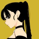  1girl absurdres bangs black_hair black_shirt blue_eyes choker earrings girl_crush highres jewelry jin_rou long_hair off-shoulder_shirt off_shoulder profile shirt simple_background solo twintails yellow_background 