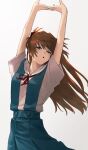  1girl arms_up bangs blue_eyes blue_skirt blush brown_hair eyebrows_visible_through_hair floating_hair half-closed_eyes long_hair looking_at_viewer makimoto_z neck_ribbon neon_genesis_evangelion open_mouth pleated_skirt red_ribbon ribbon school_uniform shiny shiny_hair shirt short_sleeves simple_background skirt solo souryuu_asuka_langley standing suspender_skirt suspenders white_background white_shirt 
