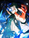  1boy amamiya_ren bangs black_coat black_hair blue_fire blurry blurry_foreground btmr_game chain coat fire gloves glowing glowing_eye hair_between_eyes long_sleeves male_focus open_mouth persona persona_5 red_gloves signature solo 