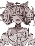  1girl ^_^ ahoge bangs bow closed_eyes double_bun eyebrows_visible_through_hair flat_chest greyscale hair_bow highres hololive hololive_indonesia kureiji_ollie looking_at_viewer monochrome mousepad_(medium) open_mouth solo stitched_face stitches tenbin_gashira virtual_youtuber 