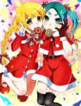  braid doughnut food holding holding_food in_mouth jumping monogatari_(series) msmrdaaaaa multicolored multicolored_background ononoki_yotsugi oshino_shinobu santa_costume thigh-highs twintails 