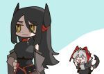  2girls akanbe antenna_hair arknights black_hair chibi commentary_request demon_tail detached_sleeves grey_hair hair_between_eyes hand_on_hip horns ines_(arknights) kdmr0402 long_hair looking_at_another medium_hair multiple_girls red_eyes shadow tail tongue tongue_out w_(arknights) yellow_eyes 