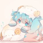  1girl animal_hat blush chibi commentary doll_hug fuyuzuki_gato gradient_hair hat hatsune_miku head_tilt highres horns long_hair multicolored_hair pajamas pink_hair sheep sheep_horns shirt sideways_glance sleeves_past_wrists solo stuffed_animal stuffed_toy twintails very_long_hair vocaloid 