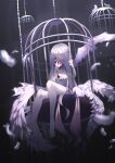 1girl angel angel_wings barefoot blood blood_on_face bloody_clothes cage dripping eating eyebrows_visible_through_hair feathers frills heart heart_(organ) highres holding holding_heart light_rays long_hair multiple_wings nyankoni_koban organs original see-through sitting solo veil very_long_hair white_hair white_theme wings yellow_eyes 