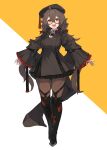  1girl boots brown_hair bug dress frilled_sleeves frills glasses hat highres lansane long_hair long_sleeves open_mouth original pantyhose sharp_teeth skirt solo spider strap teeth thigh-highs thigh_boots thigh_strap twintails yellow_eyes 