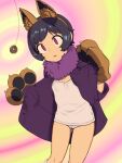  1girl 2equal8 animal_ears blush coat eyebrows_visible_through_hair fake_animal_ears fur_trim gloves highres hypnosis long_sleeves looking_at_viewer mind_control one-piece_swimsuit open_clothes open_coat open_mouth original paw_gloves paws purple_coat red_eyes short_hair solo swimsuit swimsuit_under_clothes tomboy white_swimsuit 