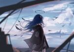 1girl arknights bird black_jacket blue_hair blurry clouds cloudy_sky facing_away halo jacket looking_out_window lowres mostima_(arknights) sky tail window yuli031458 