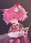  1girl 7eddy animal_ear_fluff animal_ears arknights bangs blurry blurry_background blush closed_mouth commentary_request depth_of_field eyebrows_visible_through_hair hair_between_eyes hair_ornament long_sleeves nose_blush object_hug pink_hair puffy_long_sleeves puffy_sleeves red_eyes shamare_(arknights) shirt solo stuffed_animal stuffed_toy twintails wavy_mouth white_shirt 
