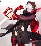  1boy black_coat blue_eyes carrying_over_shoulder coat colored_skin fate/grand_order fate_(series) highres hood hood_up karna_(fate) looking_at_viewer male_focus ono_matope parted_lips sack santa_karna smile solo white_hair white_skin 