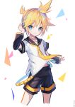  1boy black_shorts black_sleeves blonde_hair blue_eyes closed_mouth commentary cropped_legs detached_sleeves headset highres kagamine_len light_blush looking_at_viewer male_focus neckerchief nisokurui open_hand sailor_collar shirt short_hair short_sleeves shorts simple_background smile solo vocaloid white_shirt wide_sleeves wind wind_lift yellow_neckerchief 