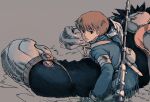  1girl bandaged_arm bandages black_eyes brown_hair closed_mouth creature gloves grey_gloves gun hatching_(texture) kokudou_juunigou nausicaa pouch sailor_moon_redraw_challenge short_hair solo studio_ghibli weapon weapon_on_back 