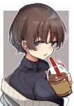  1girl bangs black_sweater blue_eyes breasts commentary_request cup disposable_cup drinking_straw earrings eyebrows_visible_through_hair grey_background grey_jacket hair_between_eyes holding holding_cup jacket jewelry looking_at_viewer medium_breasts minato_yu off_shoulder open_clothes open_jacket original outline parted_lips ribbed_sweater short_hair solo sweater turtleneck turtleneck_sweater two-tone_background white_background white_outline 