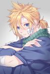  1boy alternate_costume artist_name bandaged_arm bandages bandaid bandaid_on_cheek bandaid_on_forehead bangs blonde_hair blue_eyes blue_jacket blue_pants blush character_request check_character closed_mouth cloud_strife commentary_request final_fantasy final_fantasy_vii from_side furofuki_daikon grey_background hair_between_eyes hair_tie jacket leg_up looking_at_viewer male_focus pants short_hair short_ponytail short_sleeves solo spiky_hair twitter_username 