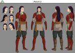  1girl ark:_the_animated_series ark_survival_evolved armor armored_boots black_eyes black_hair boots character_name character_sheet disgust english_commentary grey_background highres jeremy_stieglitz li_meiyin logo long_hair looking_down looking_to_the_side multiple_views official_art red_armor 
