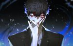  1boy amamiya_ren bangs black_jacket blood blood_on_face bloody_hands btmr_game copyright_name grin hair_between_eyes hand_on_own_face highres jacket male_focus persona persona_5 persona_5_the_royal signature simple_background smile solo upper_body yellow_eyes 