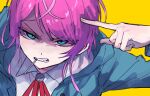  1boy amemura_ramuda bangs blue_hoodie candy clenched_teeth commentary_request food glaring green_eyes highres hood hoodie hypnosis_mic lollipop long_sleeves male_focus necktie pink_hair pointing pointing_at_self portrait red_neckwear shindyushiyou shirt short_hair short_hair_with_long_locks simple_background solo teeth white_shirt yellow_background 