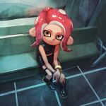  1girl bench black_footwear boots bracelet domino_mask from_above highres jewelry kunitarou-art mask octarian octoling orange_eyes redhead shirt sitting sleeveless sleeveless_shirt solo splatoon_(series) suction_cups tentacle_hair 