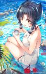  1girl 2019 animal_ears atui_(utawareru_mono) baisi_shaonian blue_hair breasts company_name dated flower highres medium_breasts partially_submerged short_hair solo swimsuit utawareru_mono utawareru_mono:_itsuwari_no_kamen water yellow_eyes 