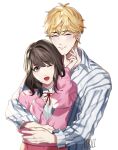 1boy 1girl ;d artist_name brown_eyes brown_hair closed_eyes earrings eyebrows_visible_through_hair facing_viewer hand_up hetero highres hug hug_from_behind jewelry long_sleeves love_and_producer one_eye_closed open_mouth protagonist_(love_and_producer) shirt simple_background smile striped striped_shirt unipong upper_body white_background zhou_quiluo 