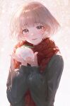  1girl brown_eyes cable_knit daby grey_sweater highres holding open_mouth original red_scarf scarf short_hair smile snow snow_bunny sweater tree 