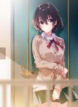  1girl bangs blurry_foreground blush breasts brown_cardigan brown_eyes brown_hair brown_sweater cardigan closed_mouth cover_image cowboy_shot door doorknob eyebrows_visible_through_hair fence hair_between_eyes highres large_breasts long_sleeves looking_at_viewer miniskirt neck_ribbon novel_illustration official_art otonari-san_to_hajimeru_setsuyaku_seikatsu. outdoors red_neckwear red_ribbon ribbon school_uniform short_hair skirt smile sweater textless u35 wing_collar 