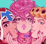  1girl 2boys aqua_background black_eyes black_hair blonde_hair choker giorno_giovanna green_eyes grey_eyes guido_mista hair_between_eyes heart heart_choker highres jojo_no_kimyou_na_bouken multiple_boys one_eye_closed pink_hair pink_nails portrait simple_background supremecatlord trish_una vento_aureo 