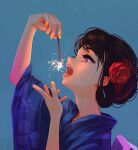  1girl blue_background commentary fireworks flower hair_flower hair_ornament highres japanese_clothes kimono kunitarou-art open_mouth original profile red_flower simple_background solo sparkler tongue tongue_out upper_body violet_eyes yellow_nails 