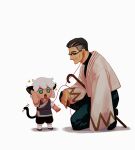  +_+ 2boys age_difference animal_ears black_hair cane cat_ears cat_tail character_request child earphones earphones glasses green_eyes highres kunitarou-art long_sleeves luoxiaohei multiple_boys open_mouth shadow shared_earphones simple_background smile squatting tail the_legend_of_luo_xiaohei white_background white_hair 