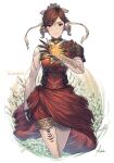  1girl armor asymmetrical_clothes au_ra bangs breasts brown_eyes brown_hair commission dragon_girl hair_ornament highres ivris looking_at_viewer medium_breasts parted_bangs scales short_hair shoulder_armor skeb_commission solo 