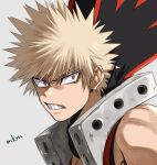  1boy artist_name bakugou_katsuki bangs bare_shoulders blonde_hair boku_no_hero_academia clenched_teeth close-up commentary_request face from_side grey_background hair_ornament looking_at_viewer male_focus mkm_(mkm_storage) muscle red_eyes short_hair simple_background solo spiky_hair teeth 