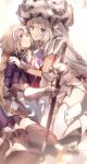  2girls armor armored_dress bangs black_bow black_legwear blonde_hair blue_dress blue_eyes blurry_foreground boots bow braid braided_ponytail chain closed_mouth dress faulds gloves hair_between_eyes hair_bow hand_on_another&#039;s_shoulder hat headpiece highres holding holding_sheath jeanne_d&#039;arc_(fate) jeanne_d&#039;arc_(fate)_(all) kneeling long_hair marie_antoinette_(fate/grand_order) multiple_girls no-kan ponytail sheath sheathed shiny shiny_clothes shiny_hair shiny_legwear short_dress silver_hair simple_background sitting smile sword thigh-highs thigh_boots very_long_hair violet_eyes weapon white_background white_dress white_footwear white_gloves white_headwear yuri 