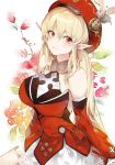  1girl bare_shoulders beret blonde_hair breasts cowboy_shot detached_sleeves dress floral_background flower genshin_impact halter_dress hat kinokohime klee_(genshin_impact) large_breasts long_hair long_sleeves looking_at_viewer low_twintails older pointy_ears red_dress red_eyes red_flower red_headwear short_dress sidelocks smile solo twintails white_background wide_sleeves 
