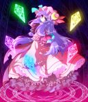  1girl crescent crystal dress frills hat kamome long_hair looking_back magic_circle patchouli_knowledge purple_hair solo touhou violet_eyes 