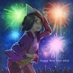  _cocander blue_eyes brown_hair fireworks glasses happy_new_year hat jacket jeanne_lefevre missing_stars night open_mouth pants party_hat standing 